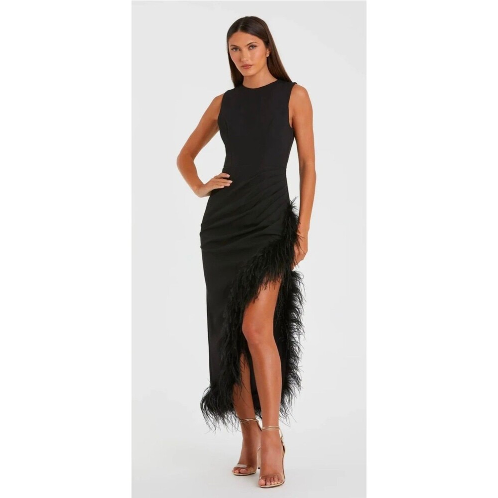 Ieena for Mac Duggal Black Ruched High-Low Sheath Dress with Feather Trim Sz 6